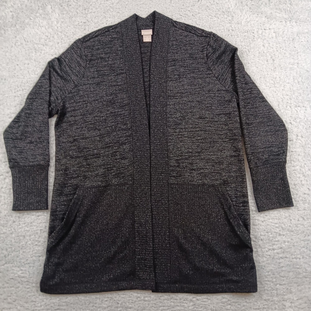 Chico's Cardigan Zenergy Woman 2 Black Gray Marled Open Front Pockets